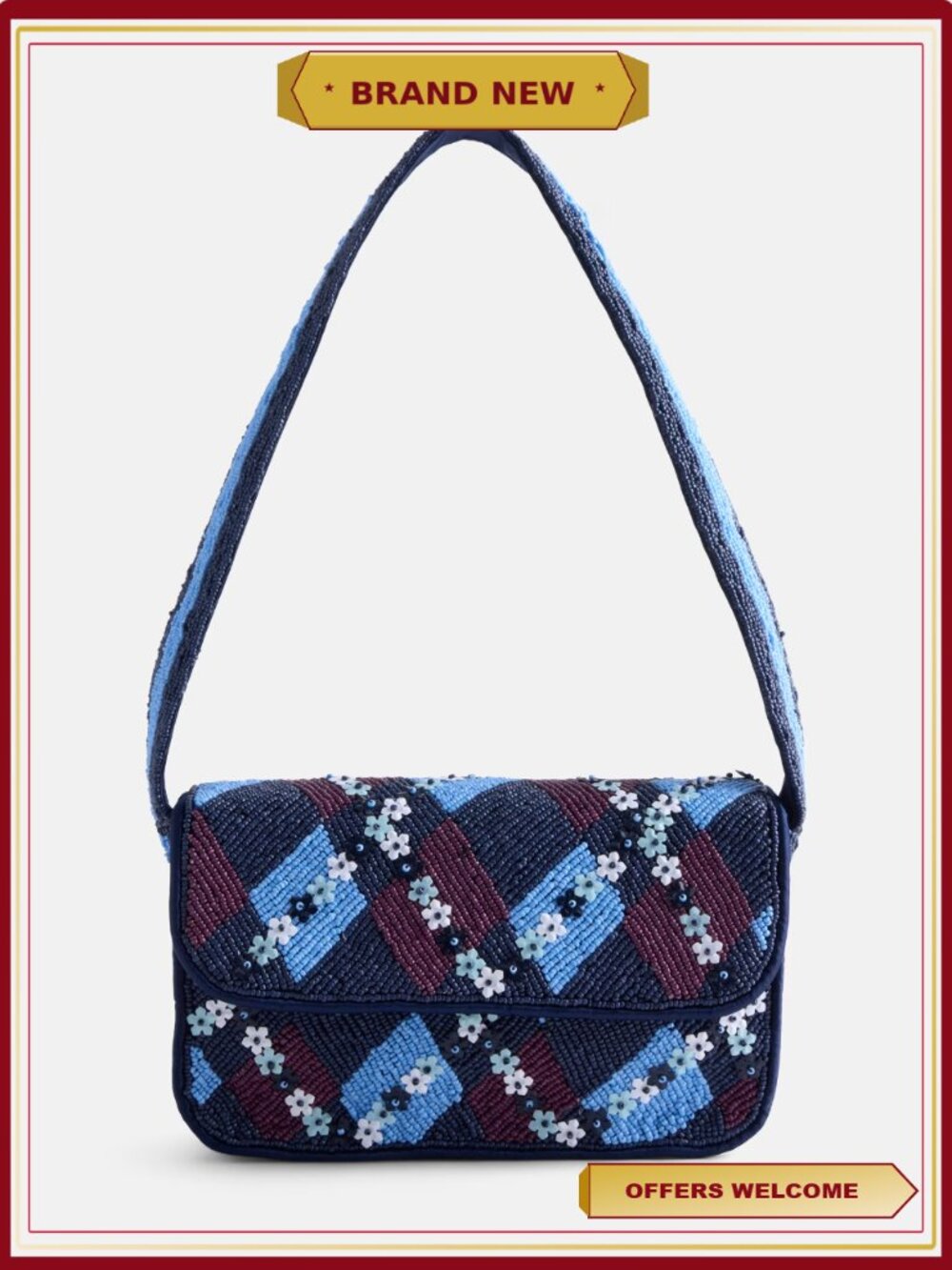 Beaded Argyle Flap Shoulder Bag Preppy Statement Handbag